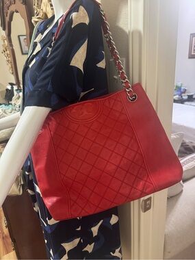 Tory Burch Red Quilted Leather Chain-Handle Tote Bag